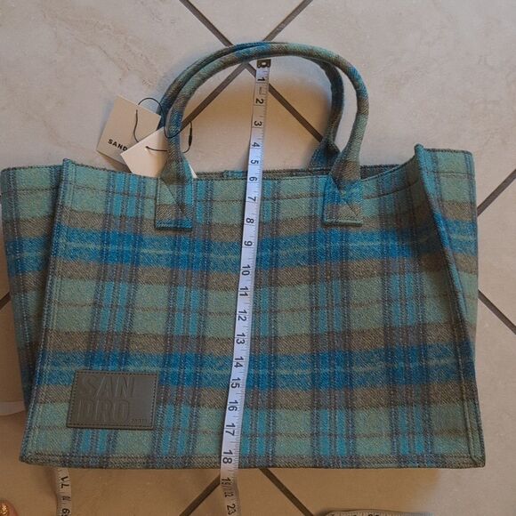 NWT Sandro Tartan Kasbah Wool Tote Blue And Green Large With Handles - Picture 11 of 16